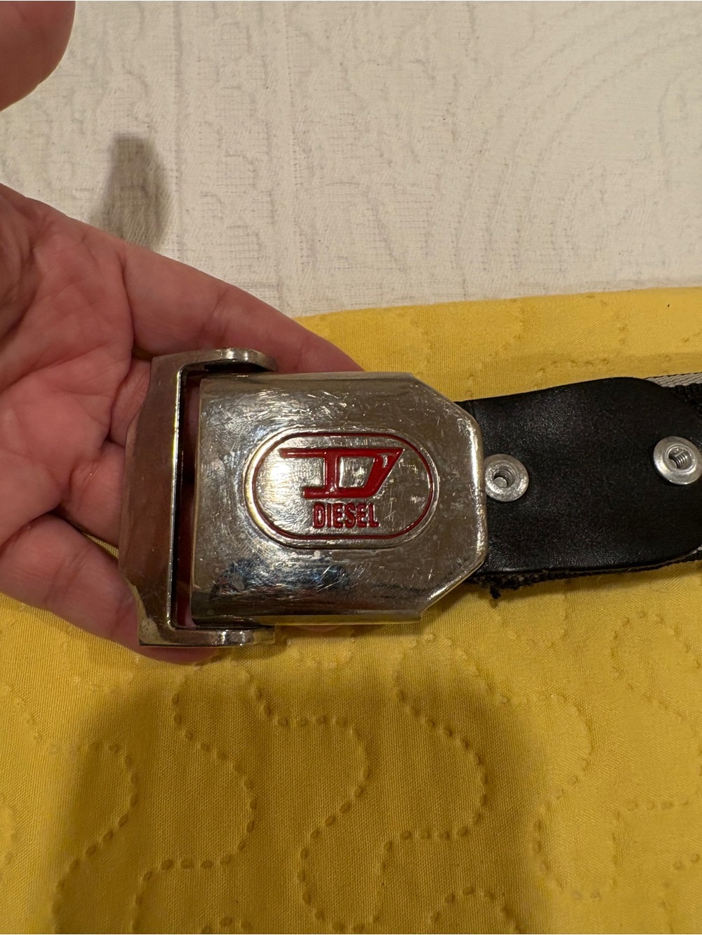 VINTAGE Diesel Silver Metal Buckle Black Leather Belt